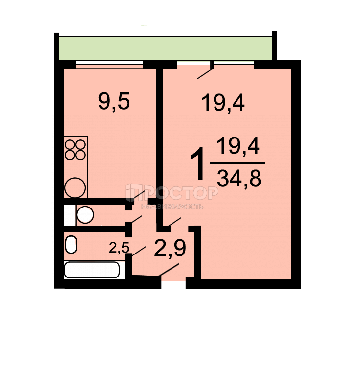 1-комнатная квартира, 35.2 м² - фото 26