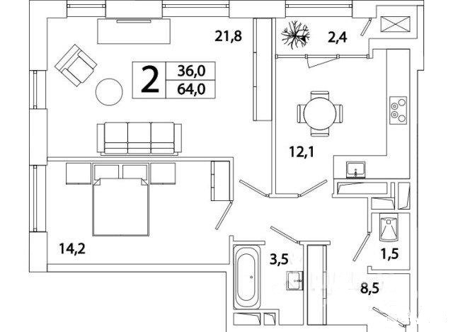 2-комнатная квартира, 64 м² - фото 8