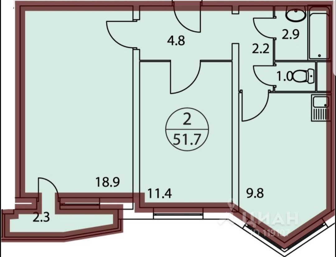 2-комнатная квартира, 51.7 м² - фото 21