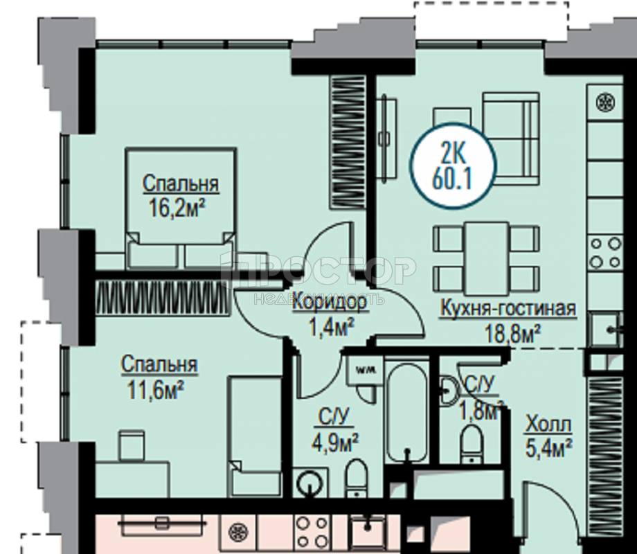 3-комнатная квартира, 60.1 м² - фото 7