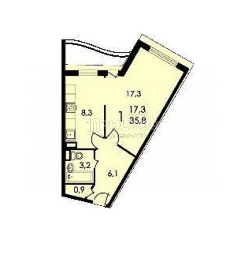 1-комнатная квартира, 35.8 м² - фото 3