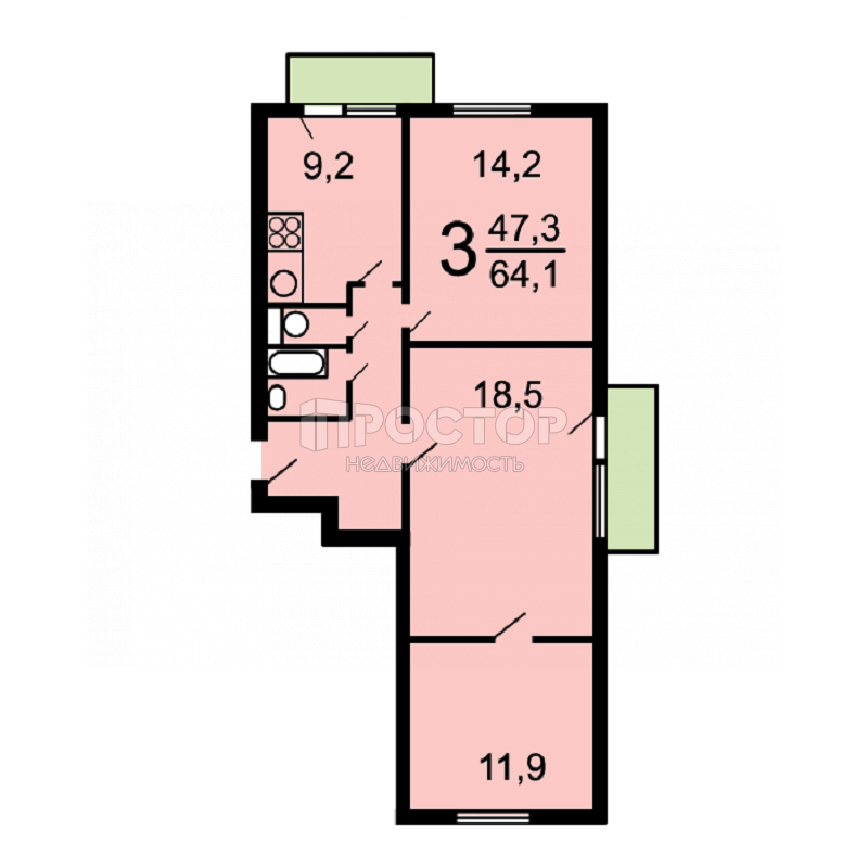 3-комнатная квартира, 64.2 м² - фото 2