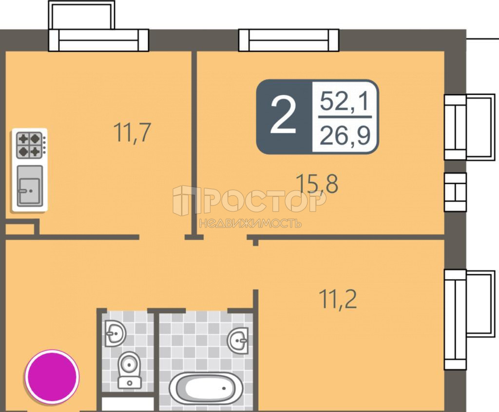 2-комнатная квартира, 52.1 м² - фото 15