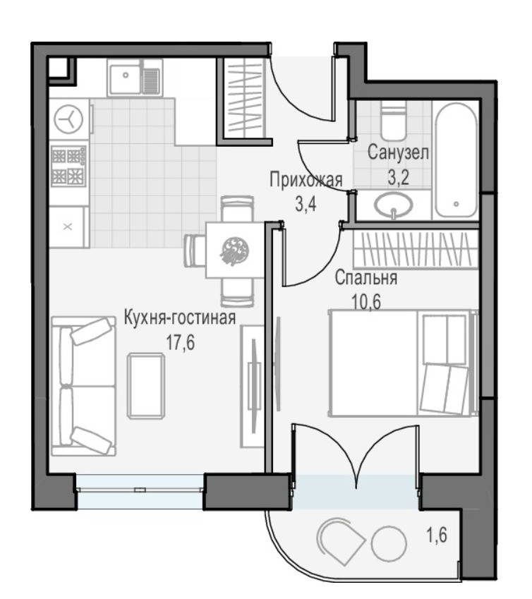 1-комнатная квартира, 35.5 м² - фото 2