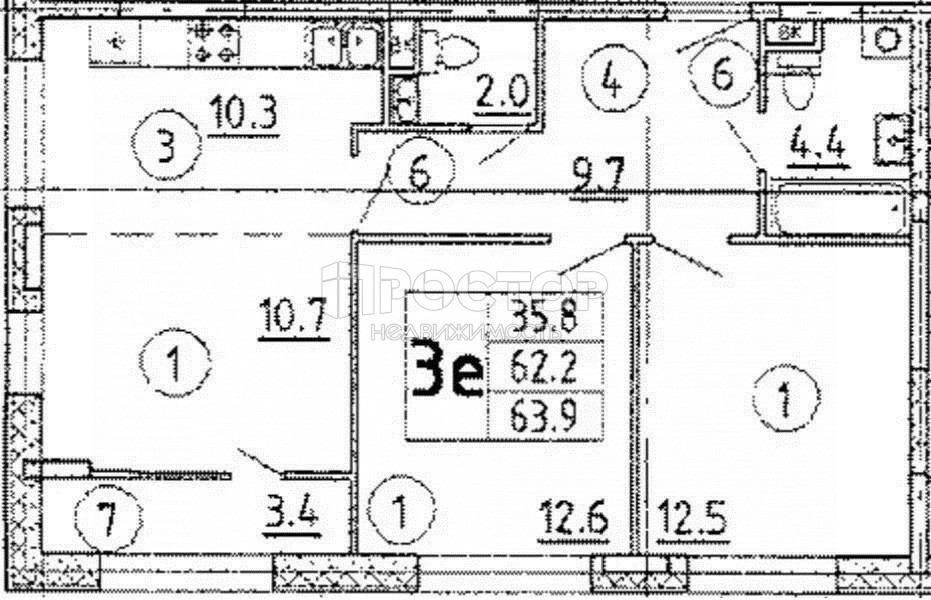 3-комнатная квартира, 63.9 м² - фото 2