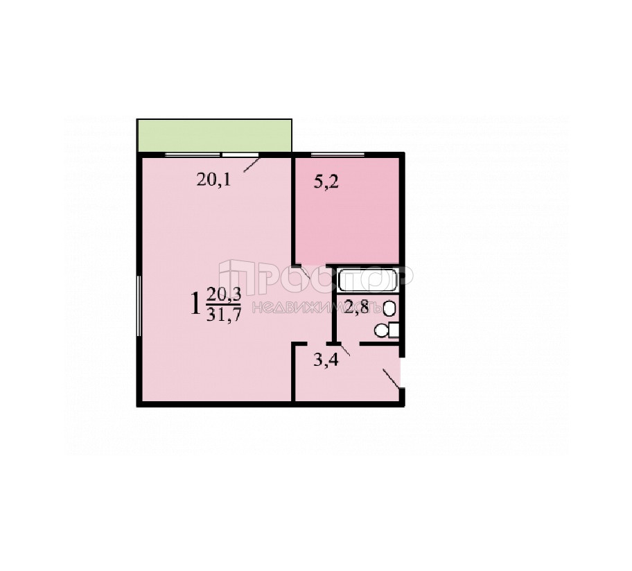 1-комнатная квартира, 32 м² - фото 6