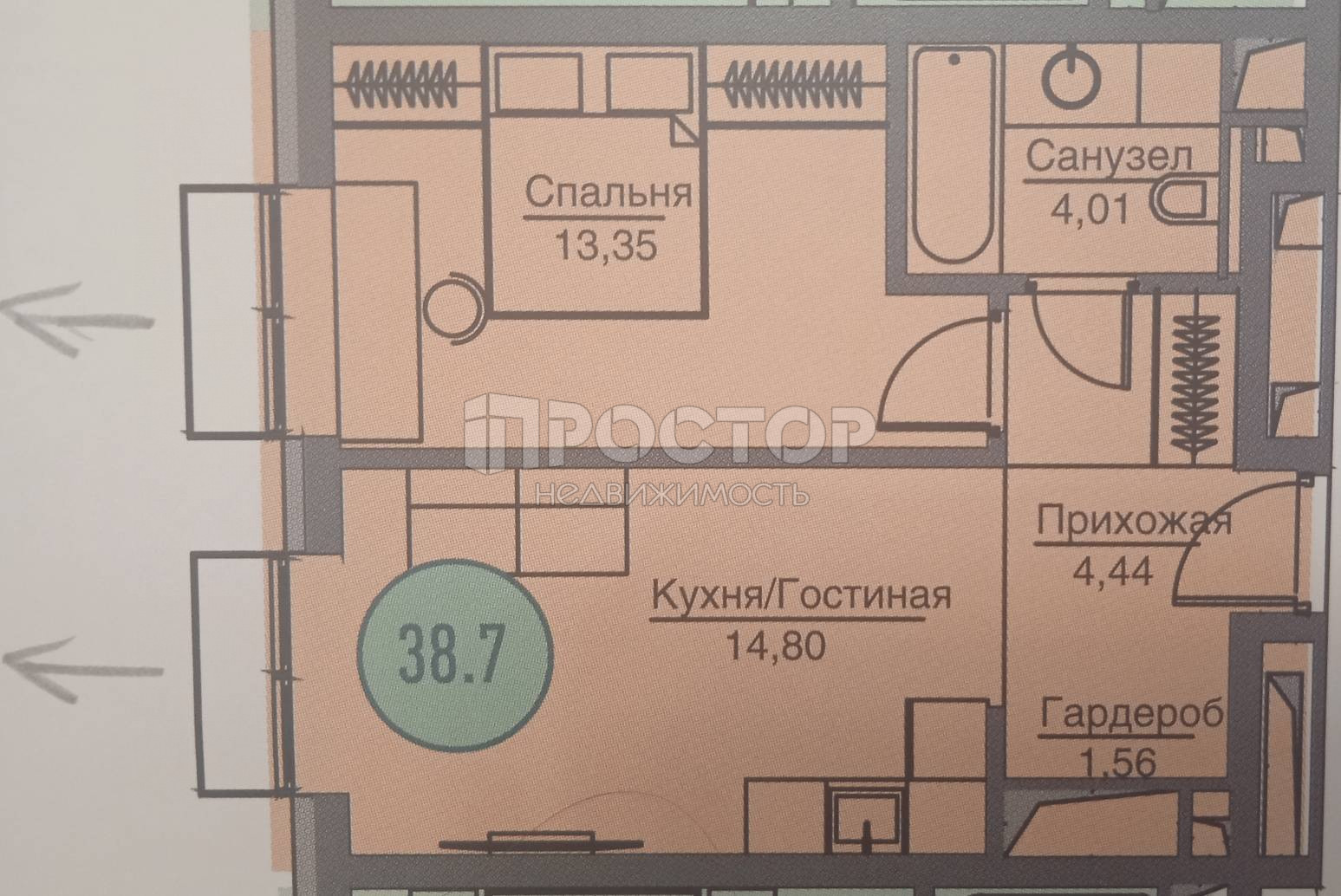 2-комнатная квартира, 38.8 м² - фото 4