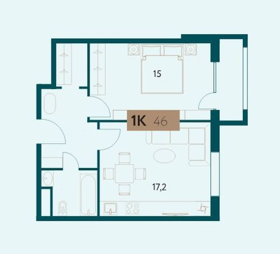1-комнатная квартира, 46 м² - фото 2