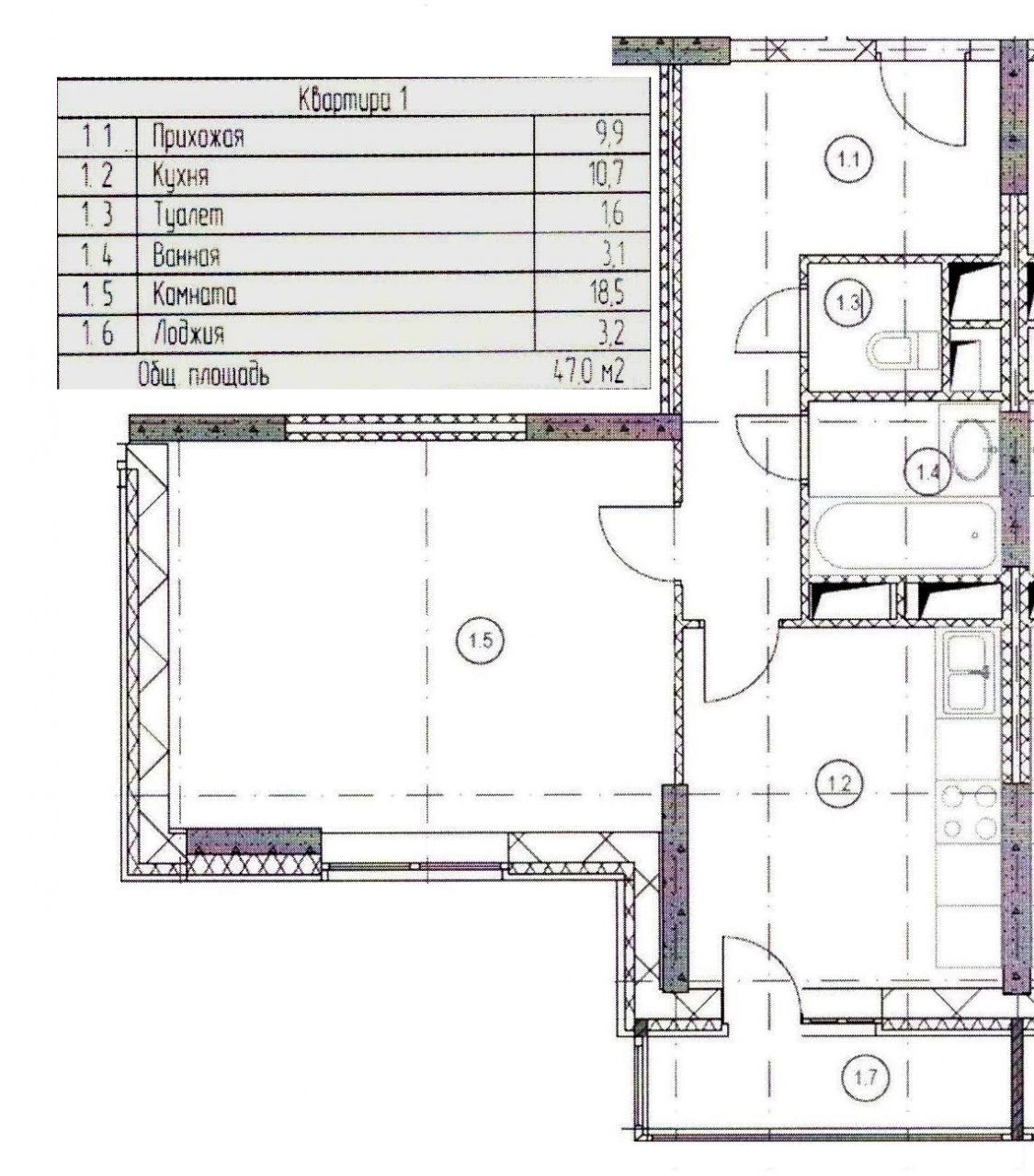 1-комнатная квартира, 47 м² - фото 15