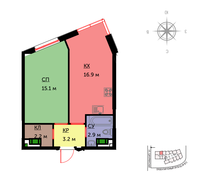 1-комнатная квартира, 40.5 м² - фото 24