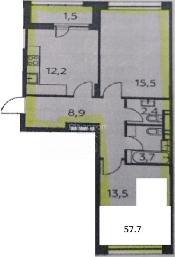 2-комнатная квартира, 57.7 м² - фото 12