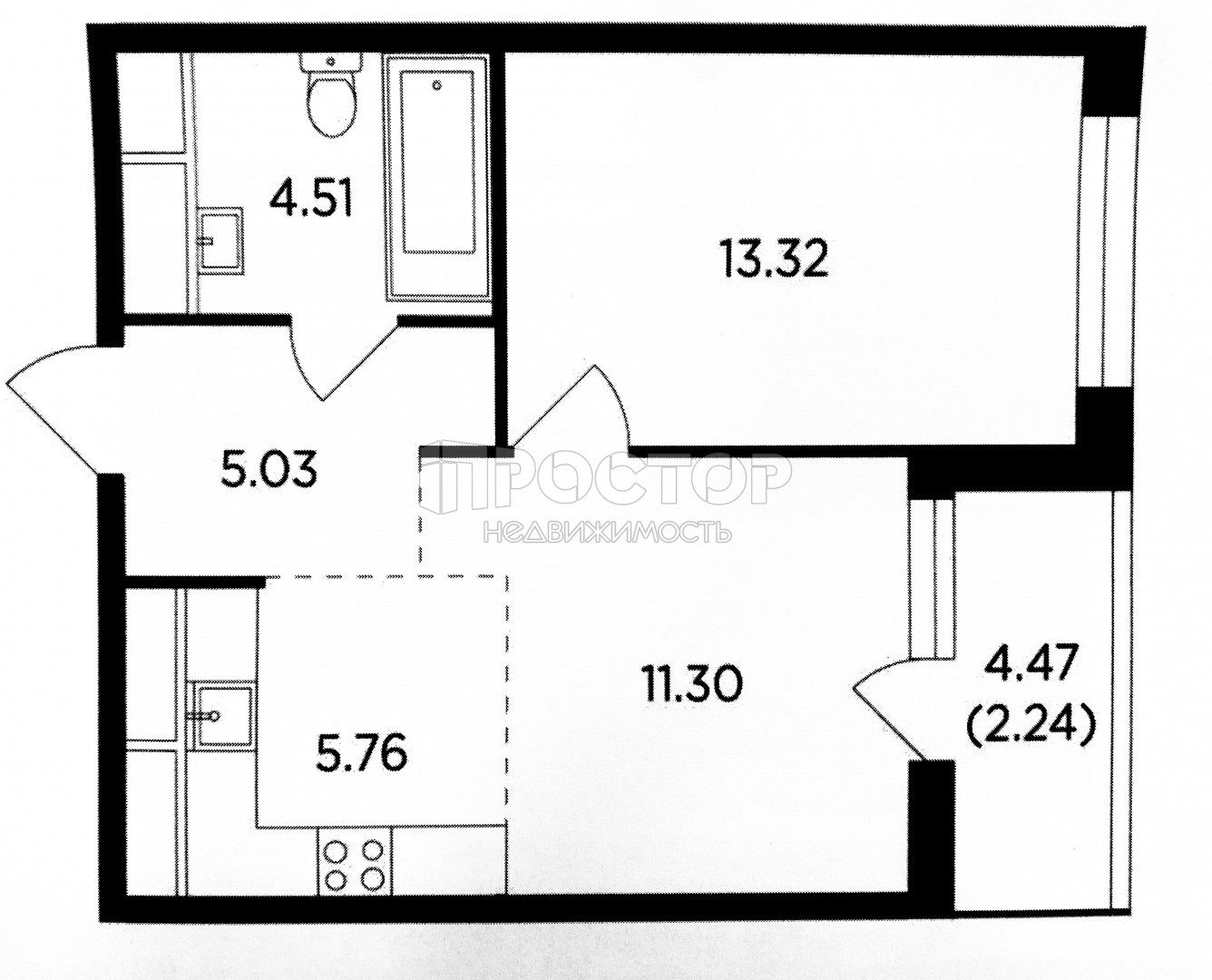 1-комнатная квартира, 41.97 м² - фото 2