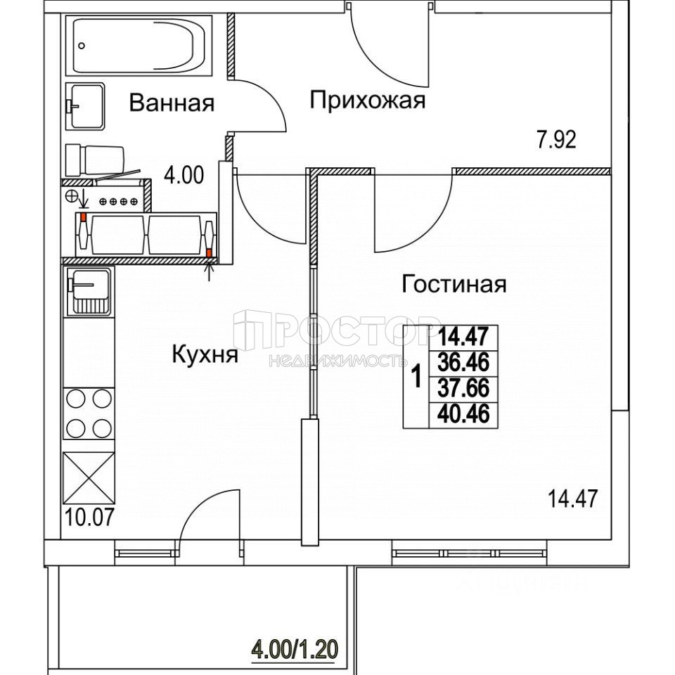 1-комнатная квартира, 41 м² - фото 4