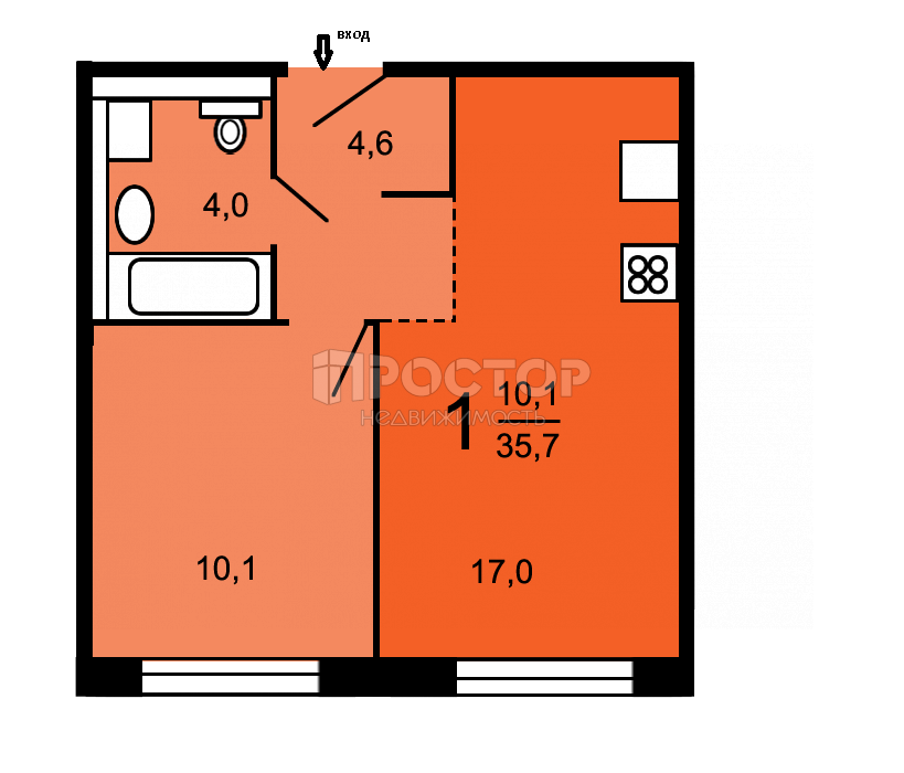 1-комнатная квартира, 35.7 м² - фото 18