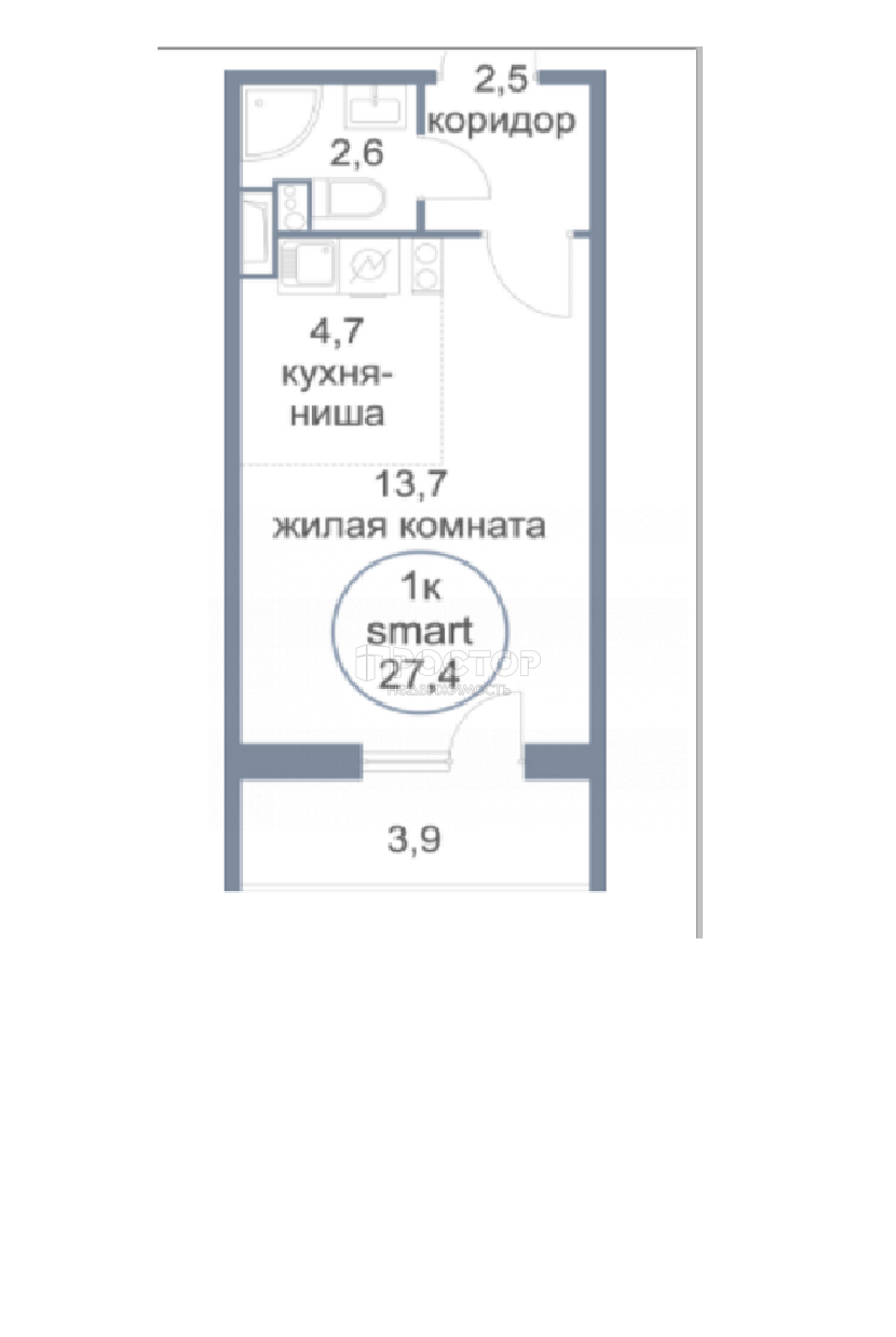 1-комнатная квартира, 27.4 м² - фото 9