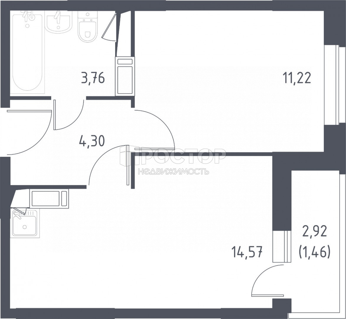 1-комнатная квартира, 38.5 м² - фото 2