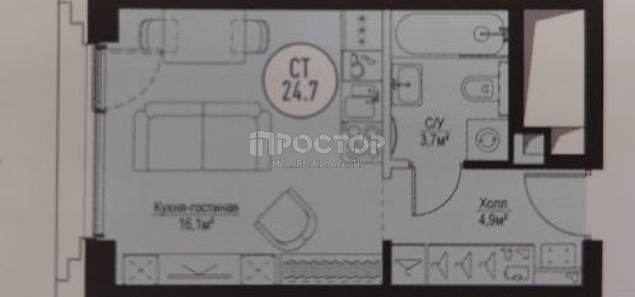 Студия, 24.7 м² - фото 2