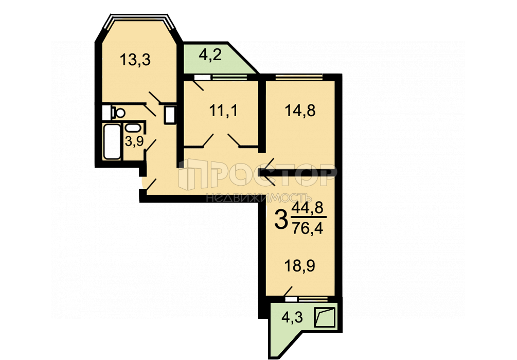 3-комнатная квартира, 76.3 м² - фото 2