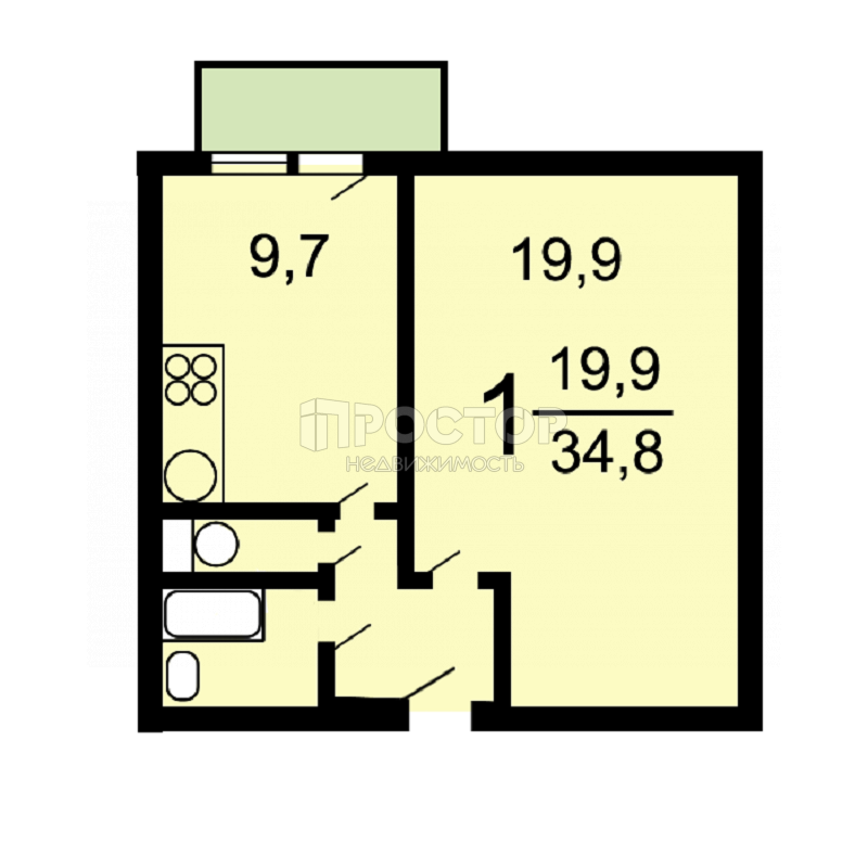 1-комнатная квартира, 34.8 м² - фото 5