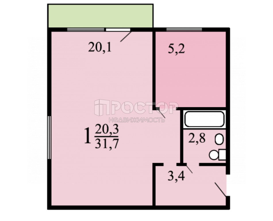1-комнатная квартира, 31.7 м² - фото 19