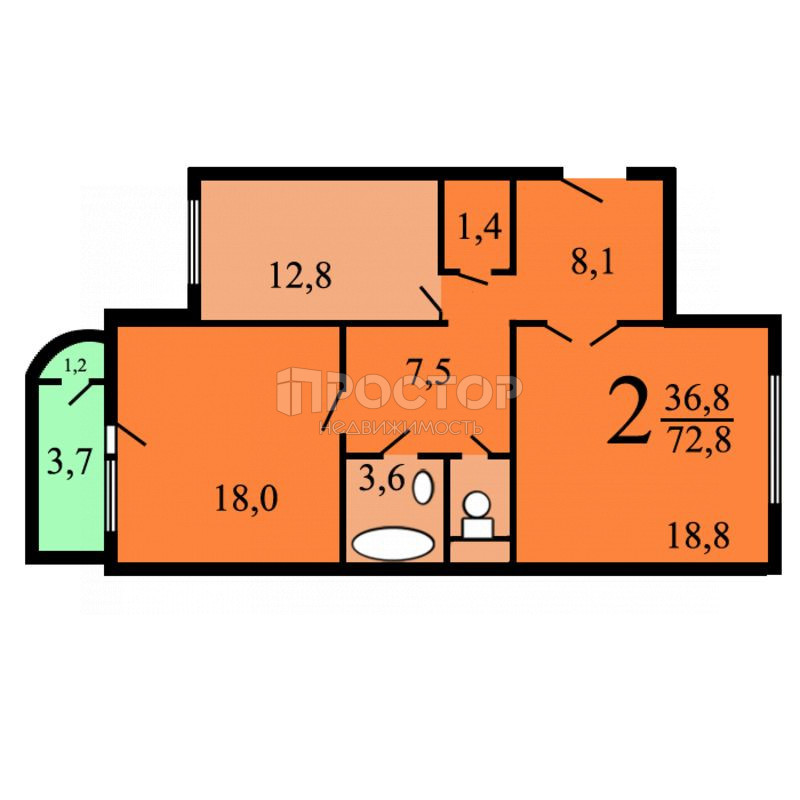 2-комнатная квартира, 72.8 м² - фото 4