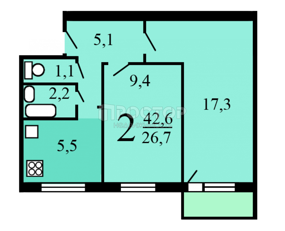 2-комнатная квартира, 42.6 м² - фото 8