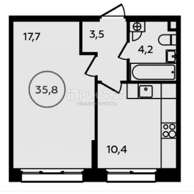 1-комнатная квартира, 33.2 м² - фото 2