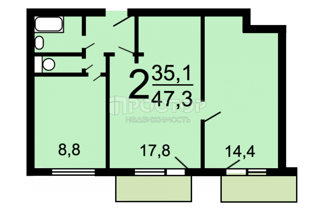 2-комнатная квартира, 47.3 м² - фото 17