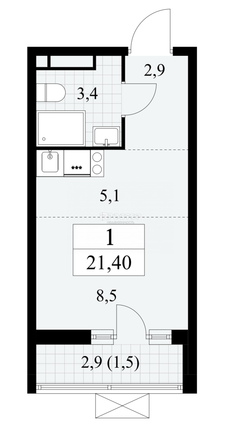 Студия, 21.4 м² - фото 2