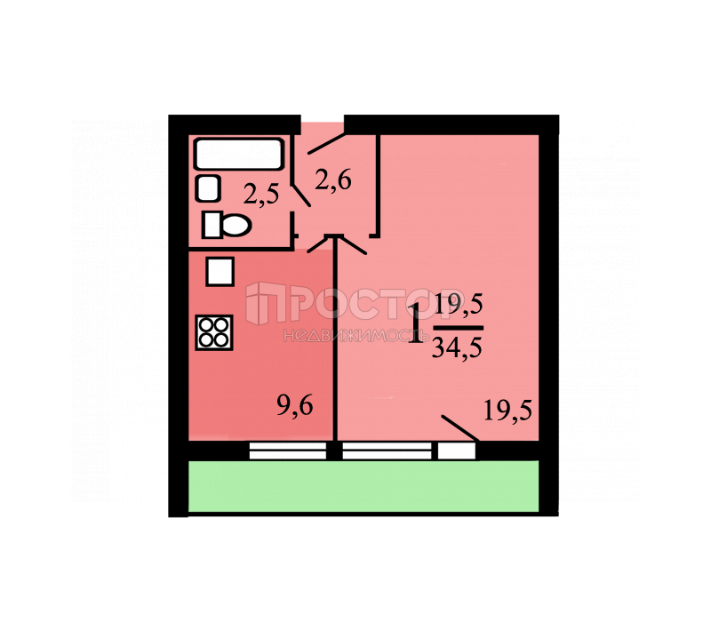 1-комнатная квартира, 34.9 м² - фото 11