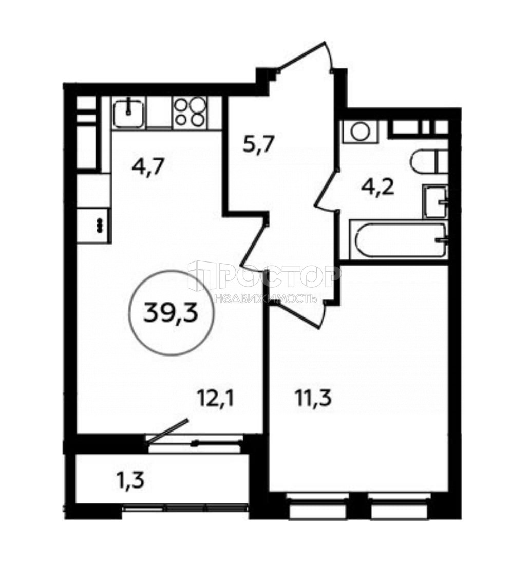 2-комнатная квартира, 39.3 м² - фото 2