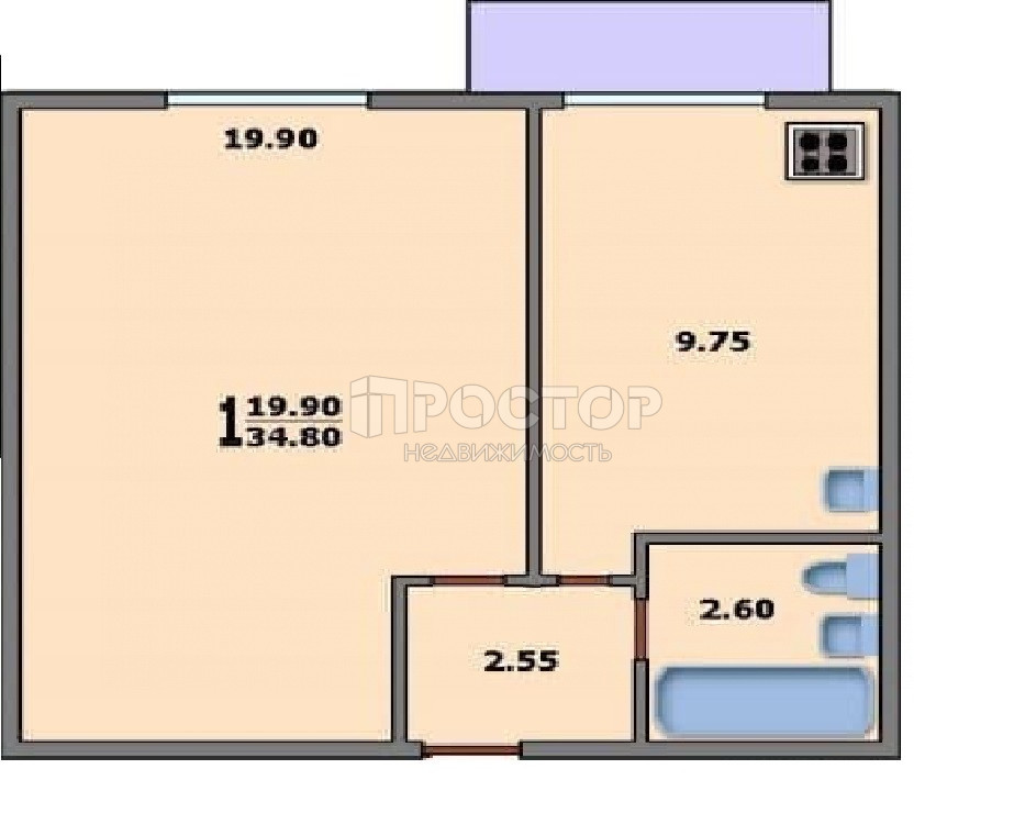 1-комнатная квартира, 35 м² - фото 3