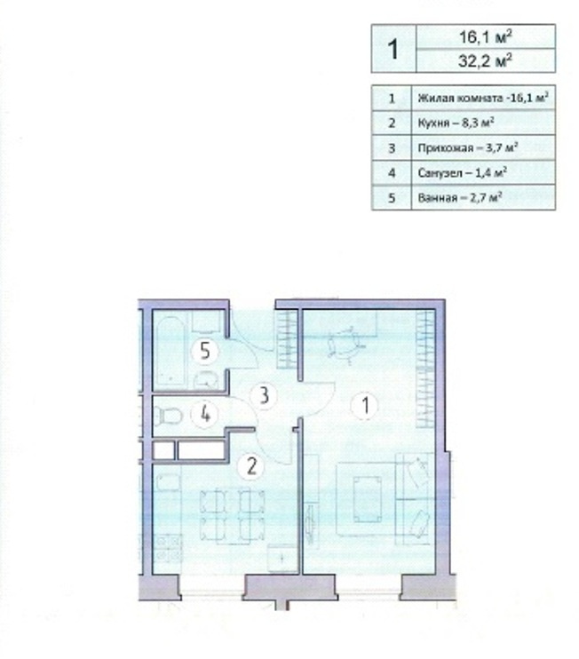 1-комнатная квартира, 32.5 м² - фото 10