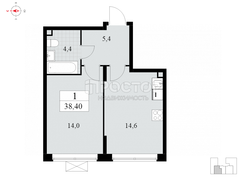 1-комнатная квартира, 38.4 м² - фото 2
