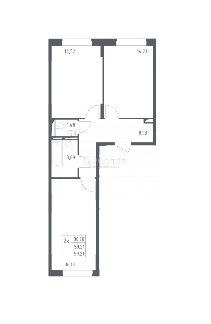2-комнатная квартира, 59.21 м² - фото 2