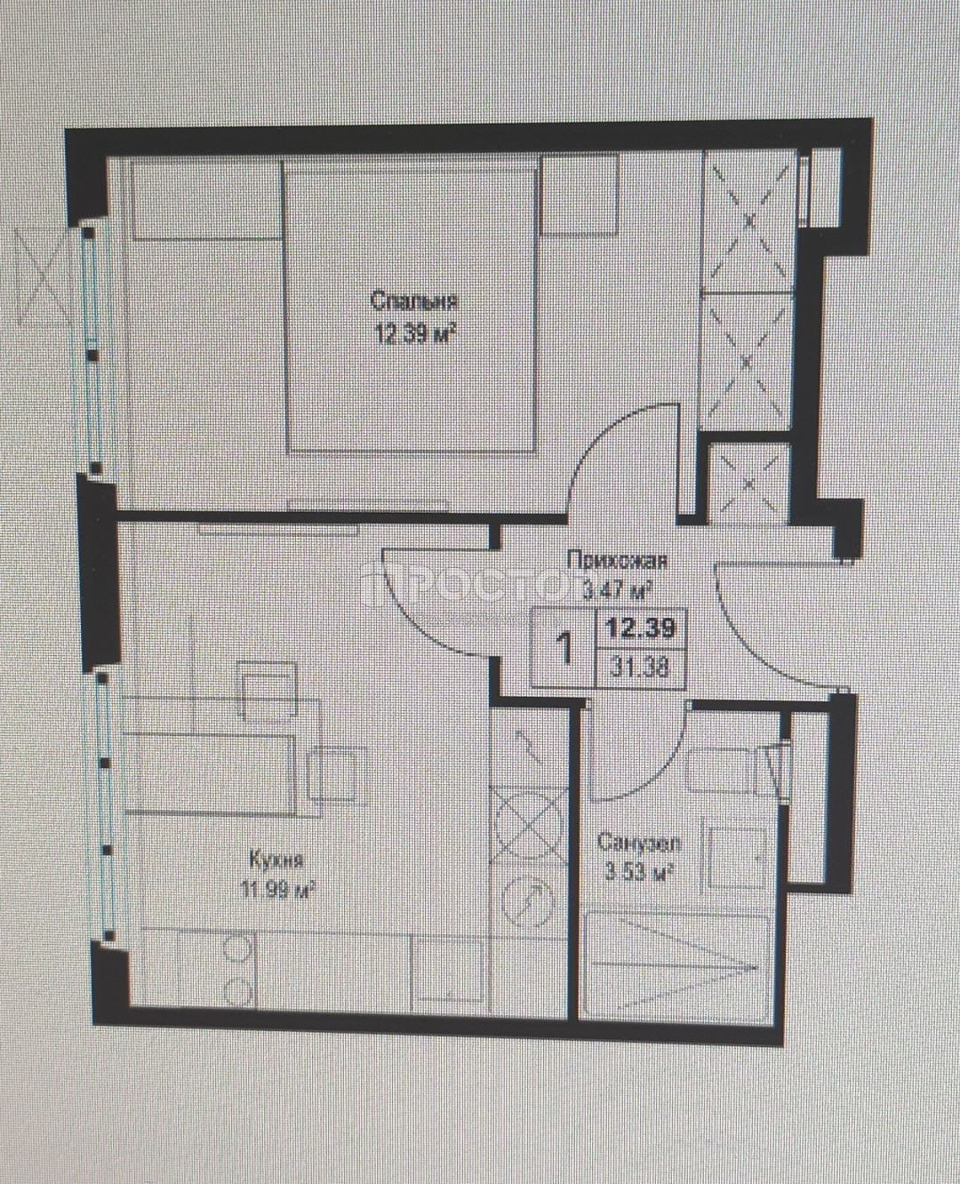 1-комнатная квартира, 31.8 м² - фото 2