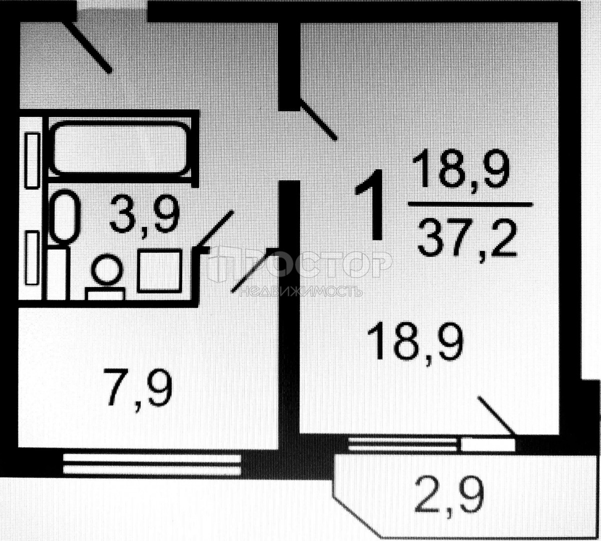 1-комнатная квартира, 38.3 м² - фото 12