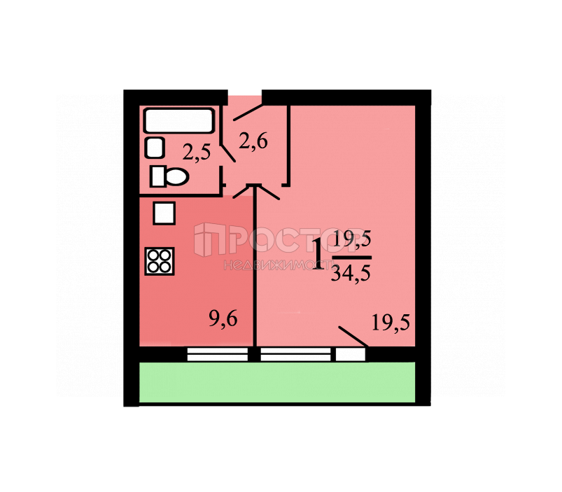 1-комнатная квартира, 34.8 м² - фото 17