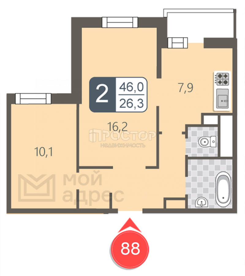 2-комнатная квартира, 54 м² - фото 14
