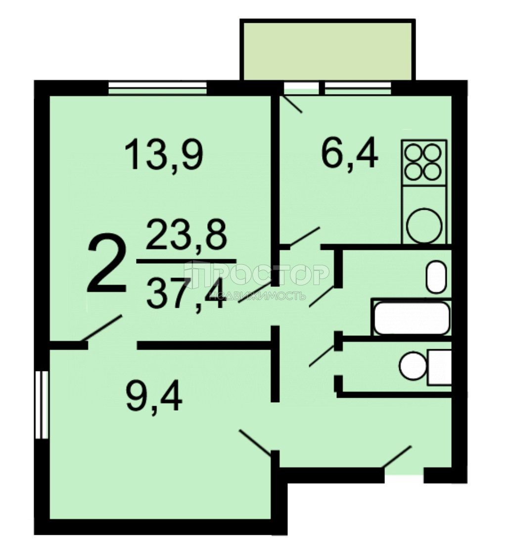 2-комнатная квартира, 37.4 м² - фото 7