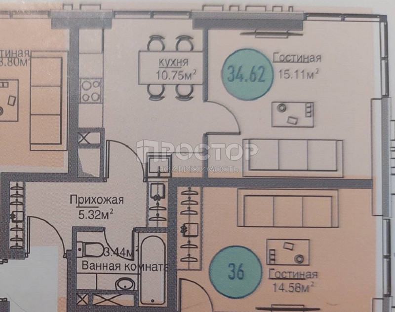 1-комнатная квартира, 35 м² - фото 11