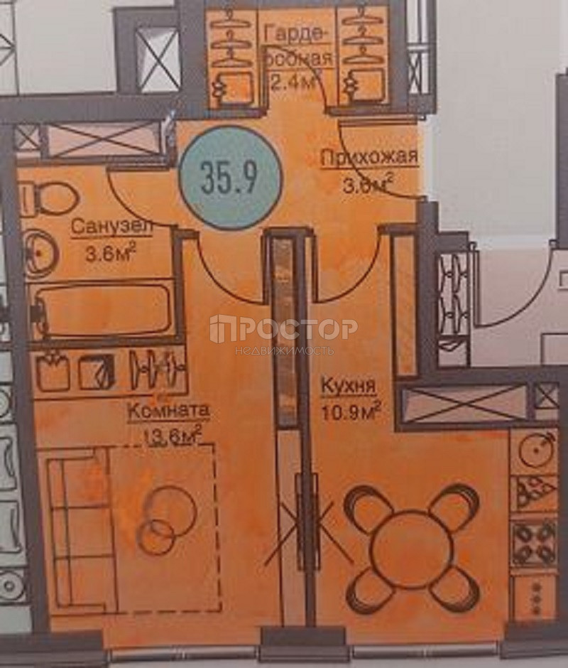 1-комнатная квартира, 36.8 м² - фото 6