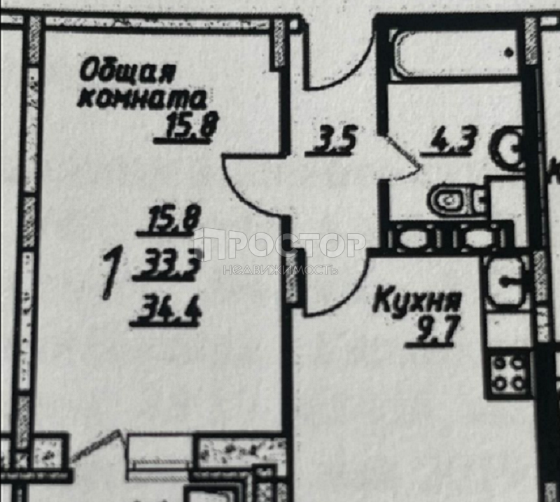 1-комнатная квартира, 34.3 м² - фото 3