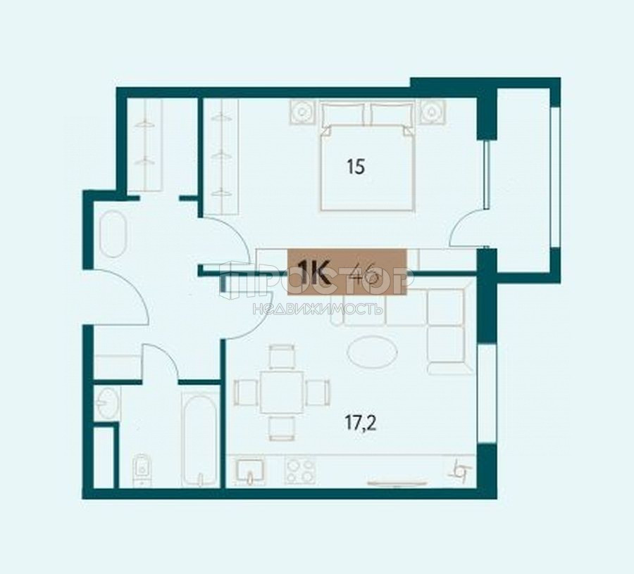 1-комнатная квартира, 46 м² - фото 10