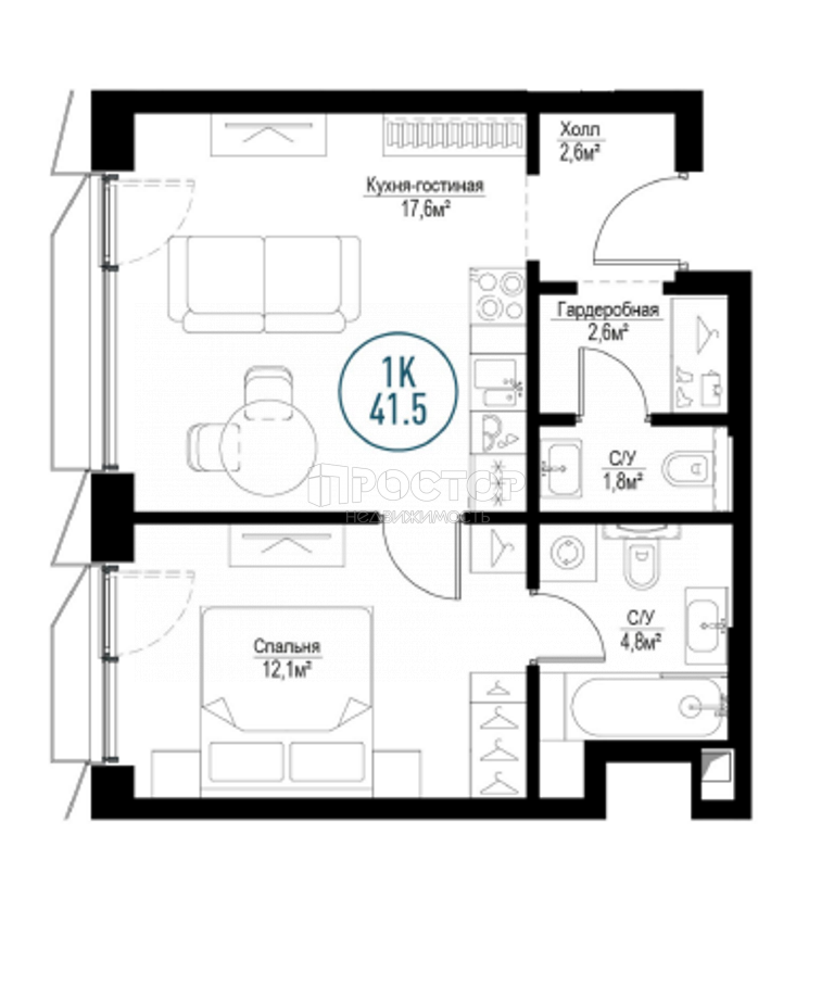 1-комнатная квартира, 44 м² - фото 3