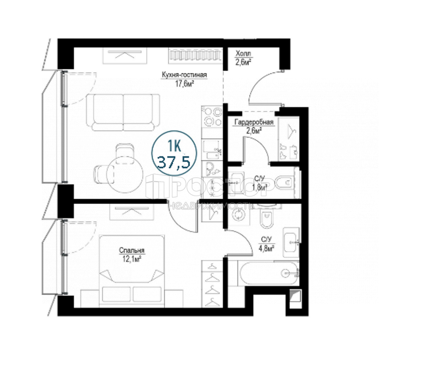 1-комнатная квартира, 37.5 м² - фото 3