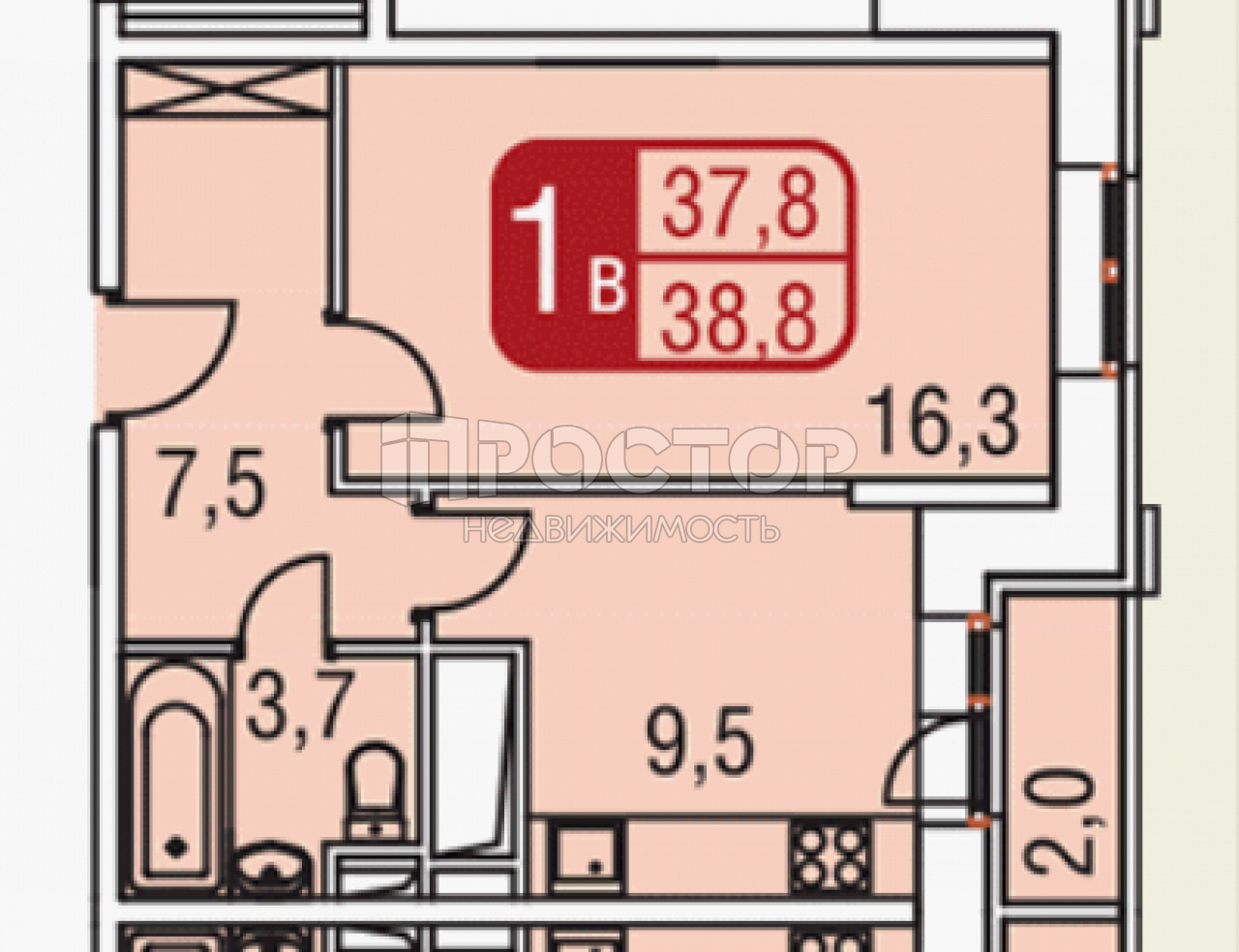 1-комнатная квартира, 38.8 м² - фото 23