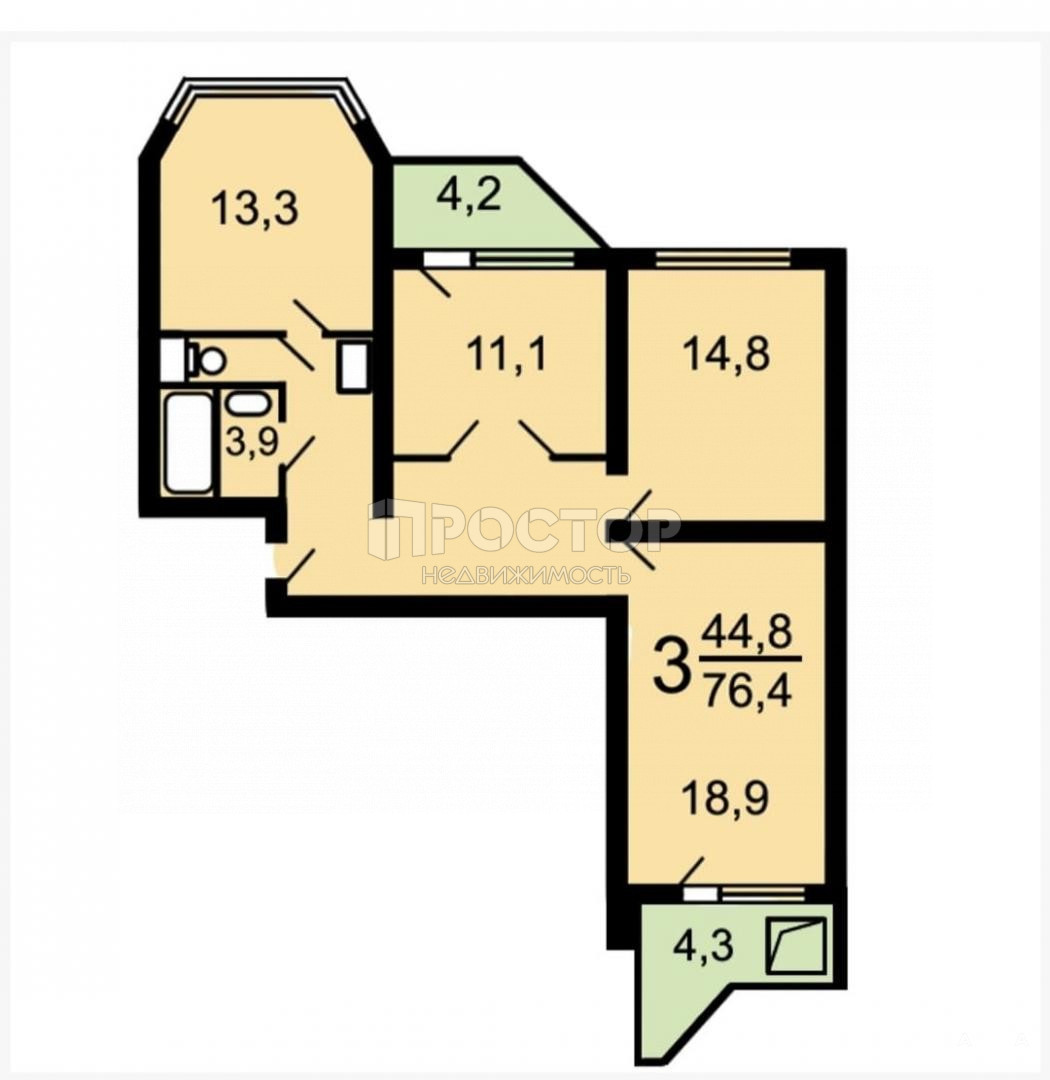 3-комнатная квартира, 76.4 м² - фото 16