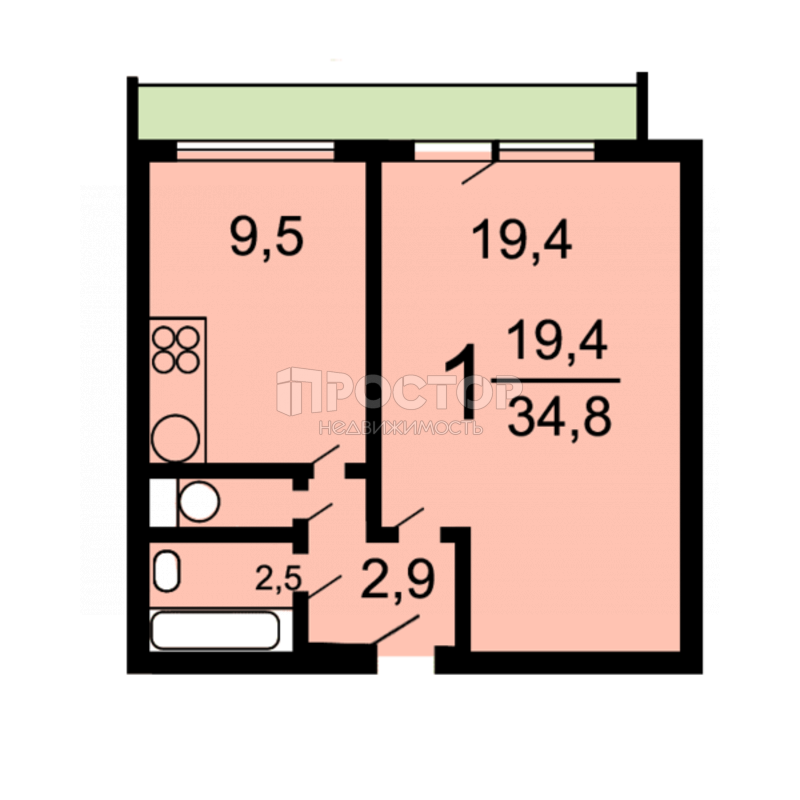 1-комнатная квартира, 35 м² - фото 17