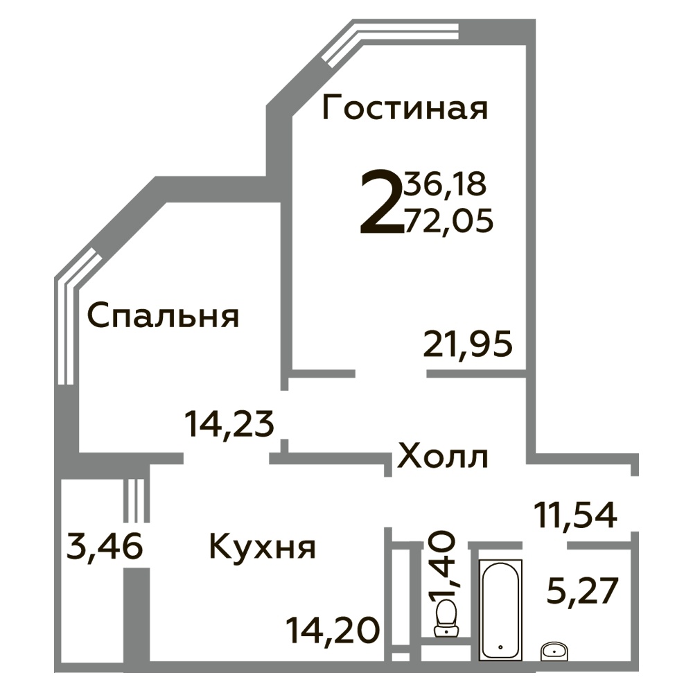 2-комнатная квартира, 72.05 м² - фото 3